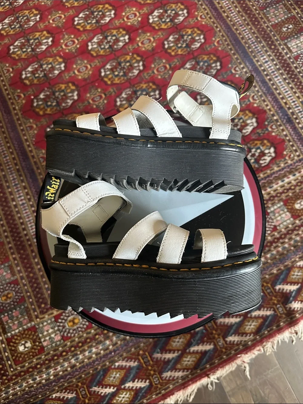 Dr. Martens White Leather Strappy Platform Sandals with Black Sole - Blaire Quad